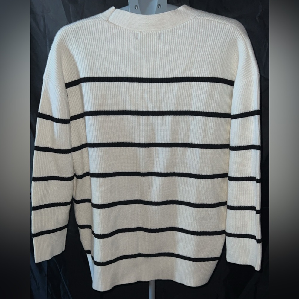 Classic Black and White Striped Cardigan Sweater - Picture 3 of 5